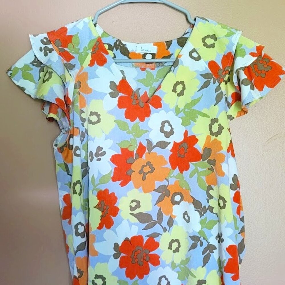 Boutique Women's Small Boho Floral Ruffle-Sleeve Top